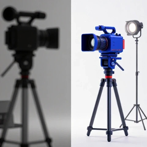 Split scene showing dull, blurry video setup on one side and vibrant, crisp camera gear with studio lighting on the other, highlighting dramatic video quality improvement.