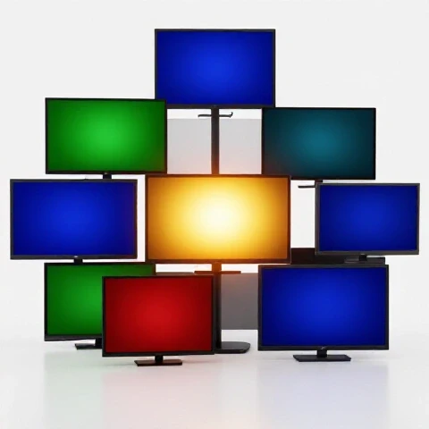 A sea of brightly colored empty video screens with one glowing screen at the center on a clean white background.