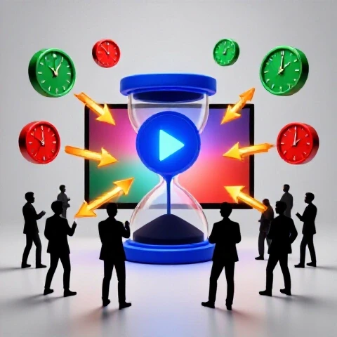 A central hourglass blending into a glowing play button, surrounded by vibrant clocks and magnetic arrows attracting silhouettes toward a bright video screen, on a white illuminated background.