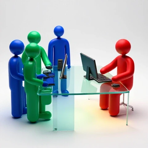 Split scene with vibrant geometric group at a desk on one side and a solitary figure at a workstation on the other, set against a bright studio background.
