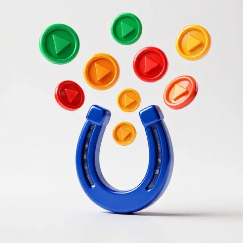 A vibrant metallic blue magnet powerfully attracts colorful play buttons in a bright white studio setting.
