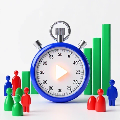 A stopwatch morphs into a glowing play button, surrounded by vibrant 3D bar graphs and abstract viewers on a bright background.
