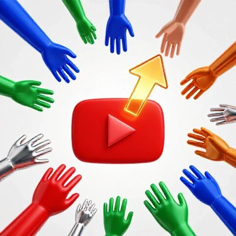 Oversized red play button drawn toward a glowing arrow with eager hands reaching from scene edges on a bright background.