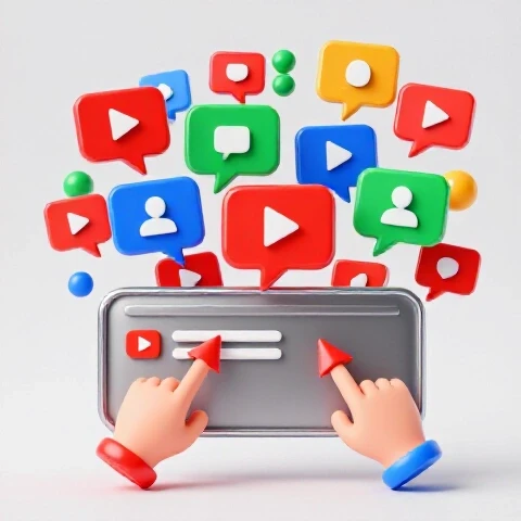 Overflowing YouTube comment section with colorful speech bubbles and icons, arrows and hands pointing to lively interaction.