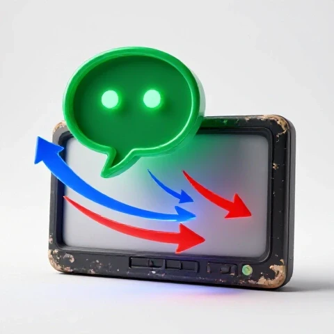 A vibrant green comment icon emerges from a faded video thumbnail with dynamic arrows on a bright background.