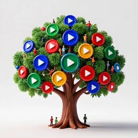 A vibrant tree with branches morphing into video play buttons, surrounded by abstract figures engaging, set against a bright studio background.