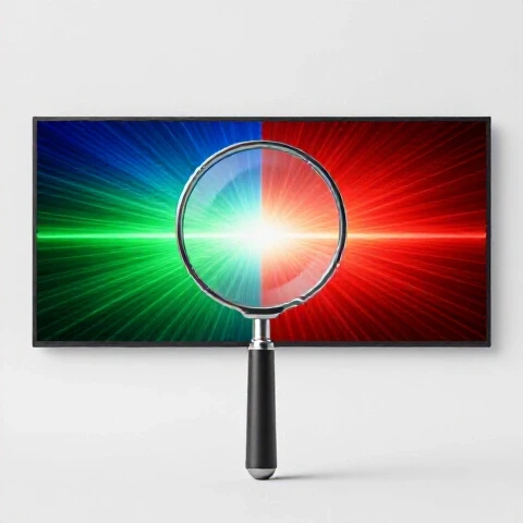 Split-screen with two vivid YouTube thumbnails and a central magnifying glass highlighting comparison in a bright studio.