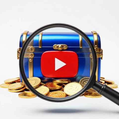 Gold coins spill from a treasure chest magnified alongside a vivid red YouTube play button in bright studio light