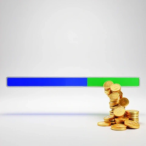 Split scene showing a short blue video timeline transforming into a longer golden timeline with coins on bright studio background