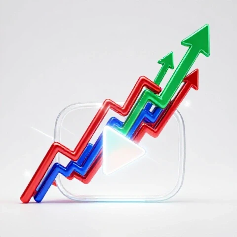 Upward-trending graph and dynamic arrows burst from a glowing YouTube play button on a luminous background.