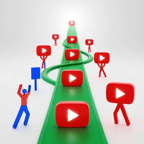 A glowing red path of ascending YouTube play buttons leading toward a bright goal, surrounded by dynamic abstract figures symbolizing subscriber growth.