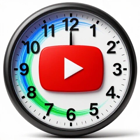 A vibrant clock morphs into a glossy red play button with dynamic motion lines on a bright white background.