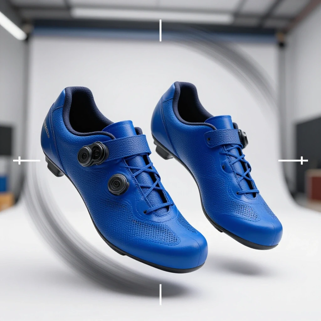 Close-up of vibrant blue indoor cycling shoes against the blurred backdrop of a spinning studio, suggesting energy.