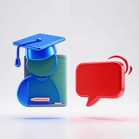 3D split-screen with a blue teacher icon on one side and a vivid red speech bubble on the other, set against a bright white studio background