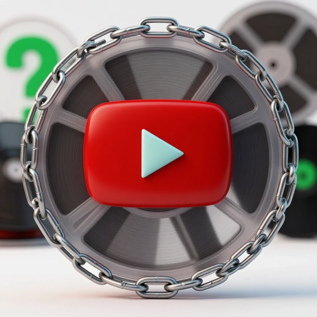 A locked YouTube play button wrapped in chains with a green question mark emerging from shadows, representing curiosity about legality.