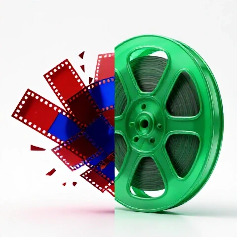 Split image showing dynamic, angular film strip shards contrasting with a smooth, flowing film reel on a bright background.