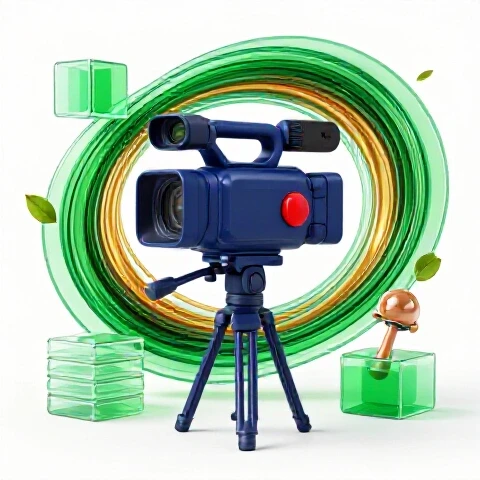A bold camera on a tripod centered among swirling symbols of moving boxes, a baby rattle, and seasonal leaves, all on a luminous white background.
