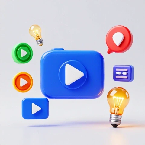 Vibrant central camera surrounded by colorful video icons, bold colors stand out on a bright studio background