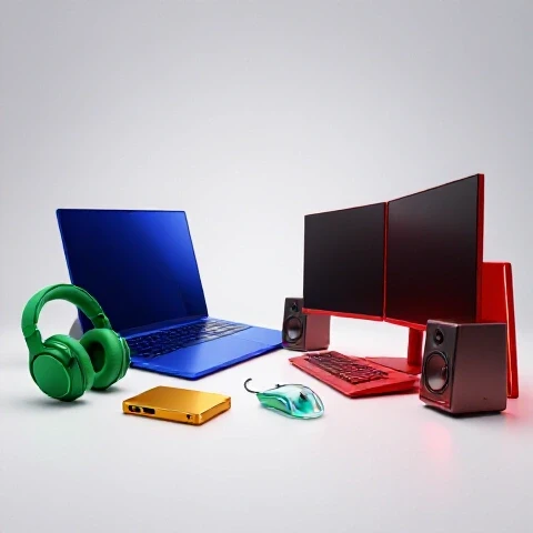 Split image showing a vibrant laptop setup beside a powerful desktop workstation, each with colorful editing tools.