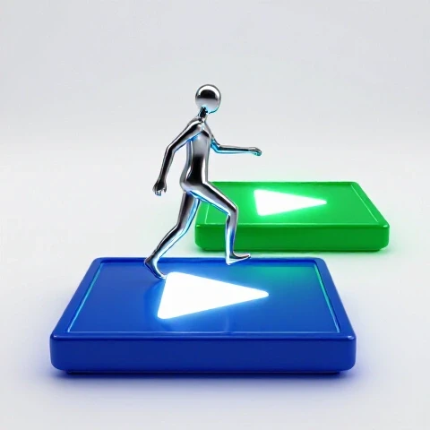 A stylized figure steps from one glowing video play button platform to a brighter second platform, symbolizing progress.