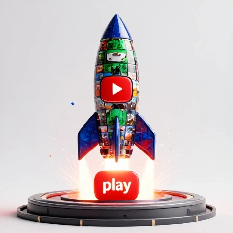 Rocket made of video thumbnails launches from a glowing play button toward a vibrant YouTube logo amid confetti and sparks.