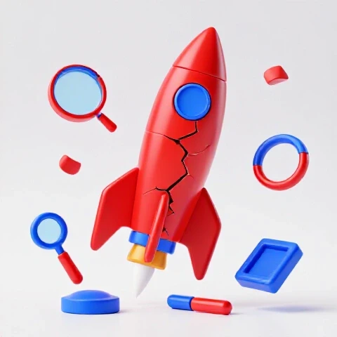 Cracked rocket made of bold video play icons analyzed by abstract objects on a bright studio background.