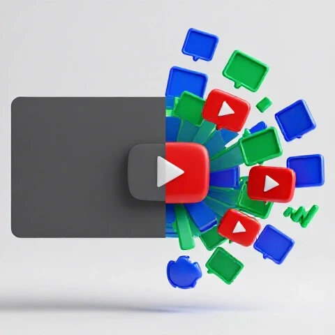 Split-screen image showing a dull YouTube thumbnail transforming into vibrant 3D icons and video elements with glossy, saturated colors.