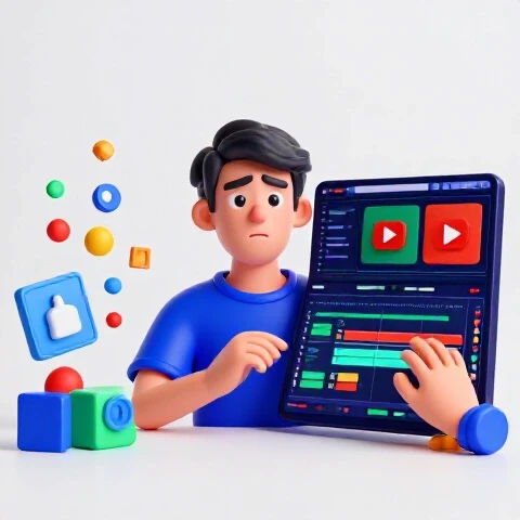 Dramatic 3D split-image showing the journey from video editing confusion to confident, vibrant YouTube creation.