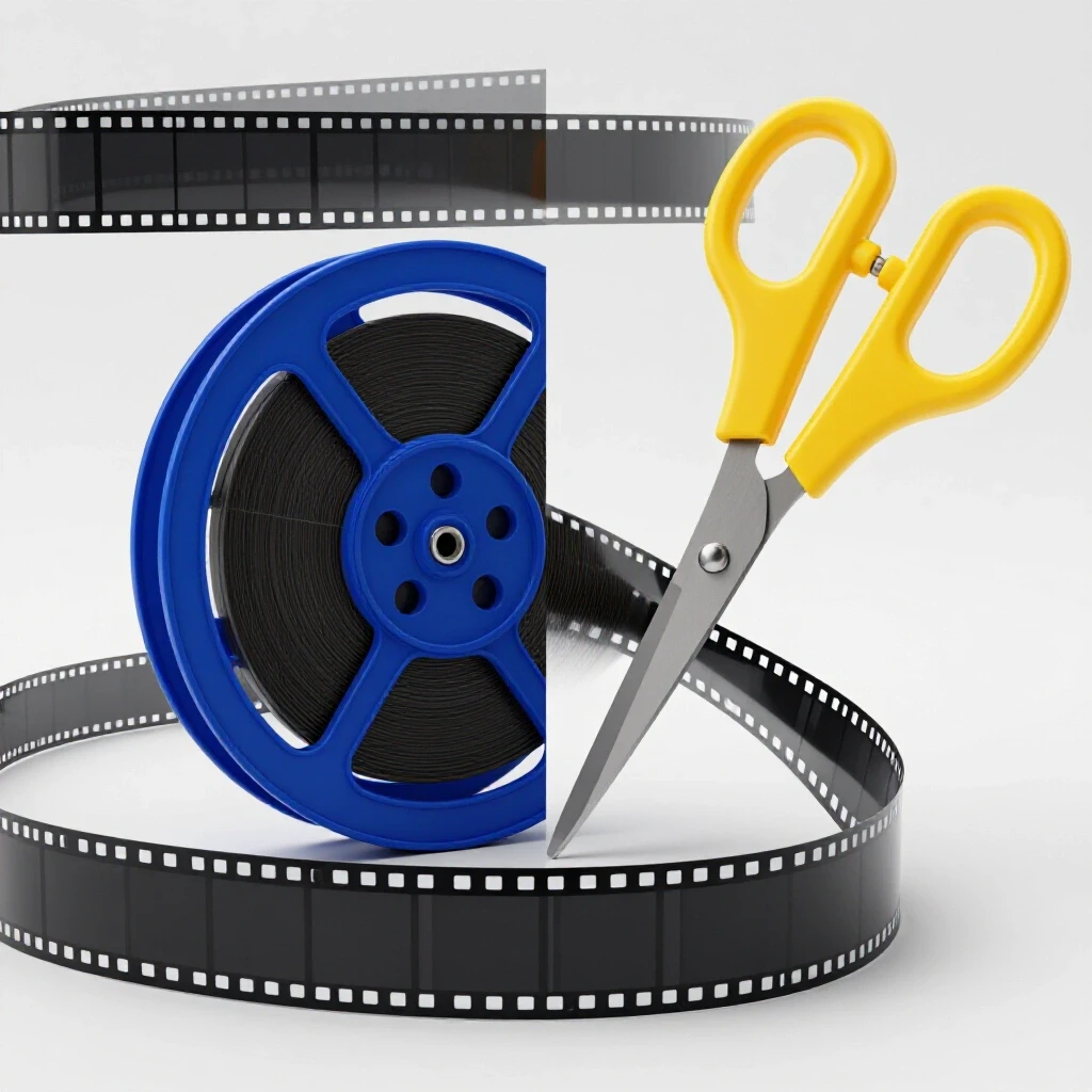 A split-screen composition of a blue film reel and yellow scissors representing copyright and legal usage of short clips.