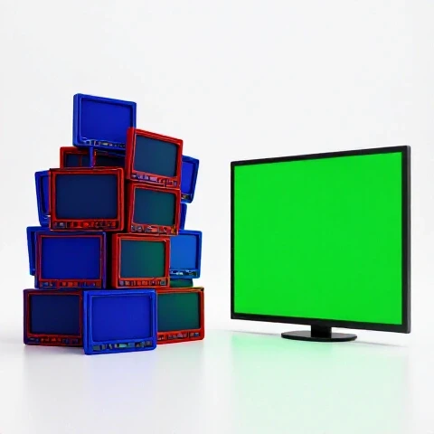 Split-screen studio scene comparing cluttered B-roll chaos with a clean, single focused video for YouTube clarity.