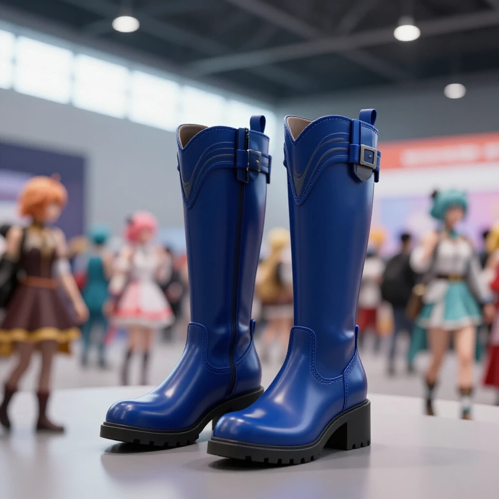 Stylish lightweight cosplay boots featured in the foreground with a vibrant convention scene blurred in the background.