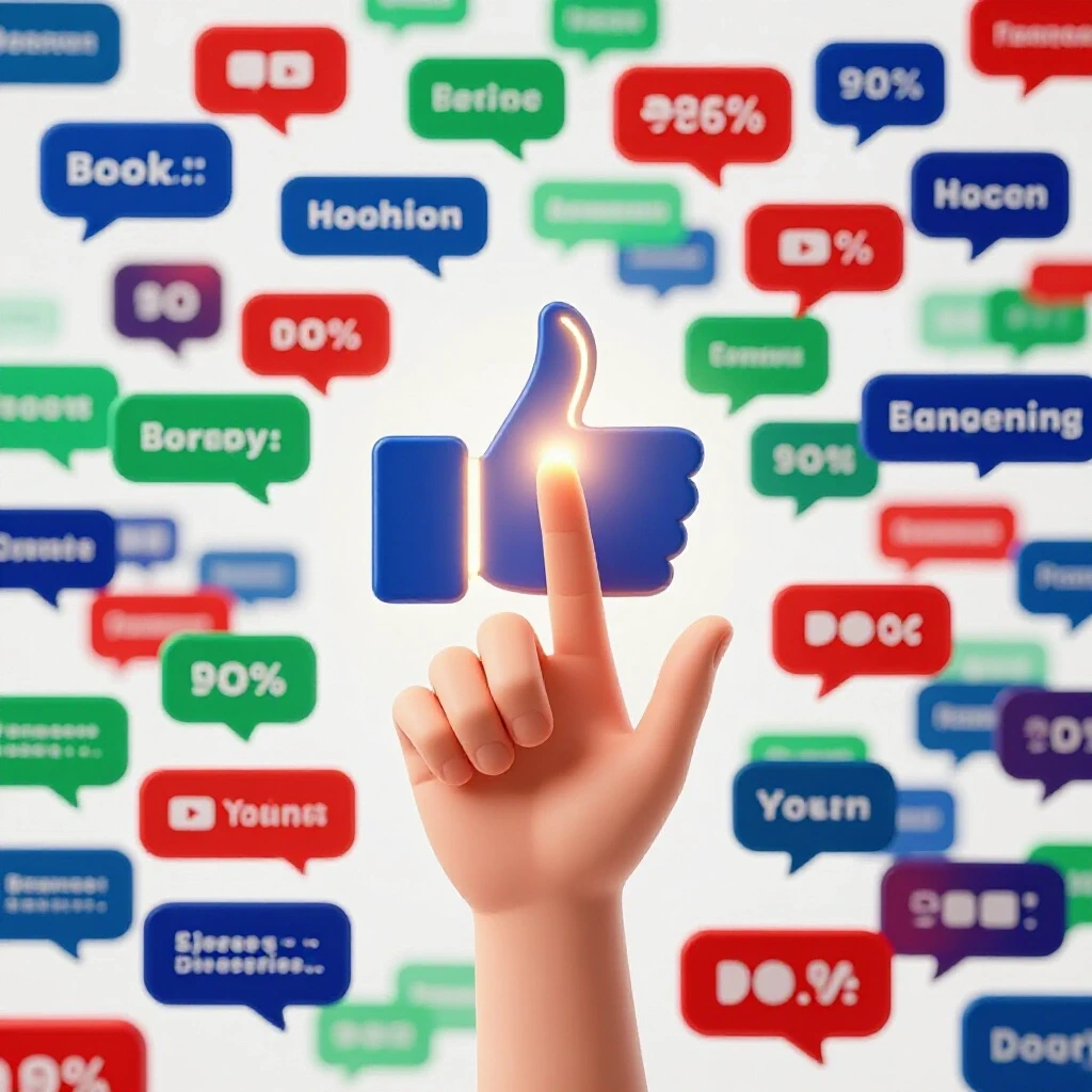 A vibrant hand reaching for a glowing thumbs-up icon surrounded by colorful floating comment bubbles.