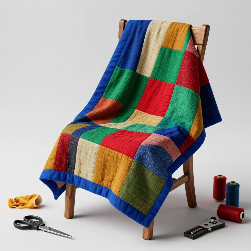 Vibrant patchwork quilt on a rustic chair with colorful linen swatches and quilting tools scattered around