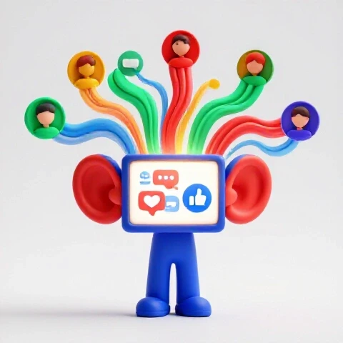 Vibrant figure with oversized ears leans toward a glowing screen with engagement icons and colorful feedback waves.