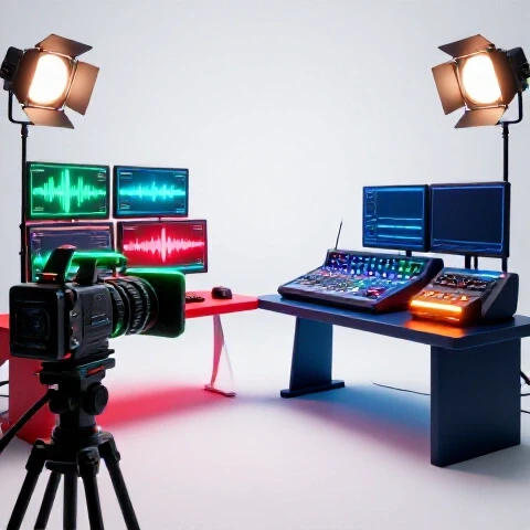 A split workspace showing a vibrant livestream with glowing cameras beside a neatly organized recording setup, set on a bright white studio background.