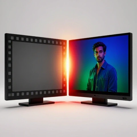 Split-screen showing a dull log video frame transforming into a vibrant color-graded scene, with dramatic studio lighting.