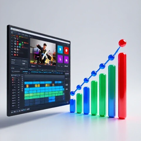 A split scene shows a chaotic YouTube timeline transforming into a clear, glowing analytics graph in a bright studio setting.