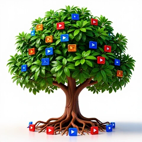 A vibrant tree with intertwining roots gripping video play icons, branches full of colorful video thumbnails, in a bright white studio.