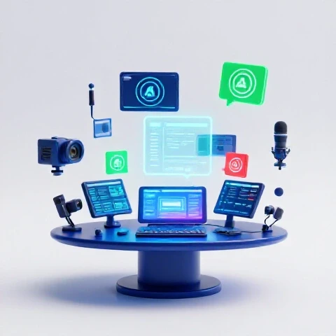 Futuristic digital workstation with glowing video gear and AI icons orbiting in a bright studio scene