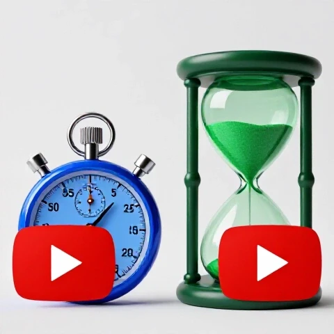 Split-screen scene of a stopwatch racing against a relaxed hourglass, each framing a bold YouTube play button.