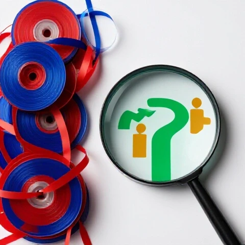 Vivid scene with tangled video reels met by a magnifying glass revealing clear pathways, symbolizing YouTube audit solutions.