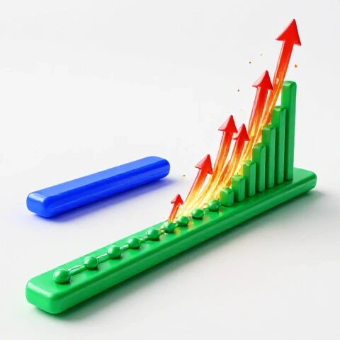 Dynamic scene with short and long video timelines, a flourishing upward graph emerging from the longer timeline, all in deep vibrant colors on a bright white background.
