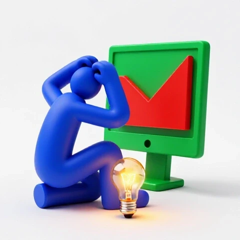 Saturated abstract shapes show a frustrated creator at a computer with a red plunging graph and a glowing lightbulb emerging.