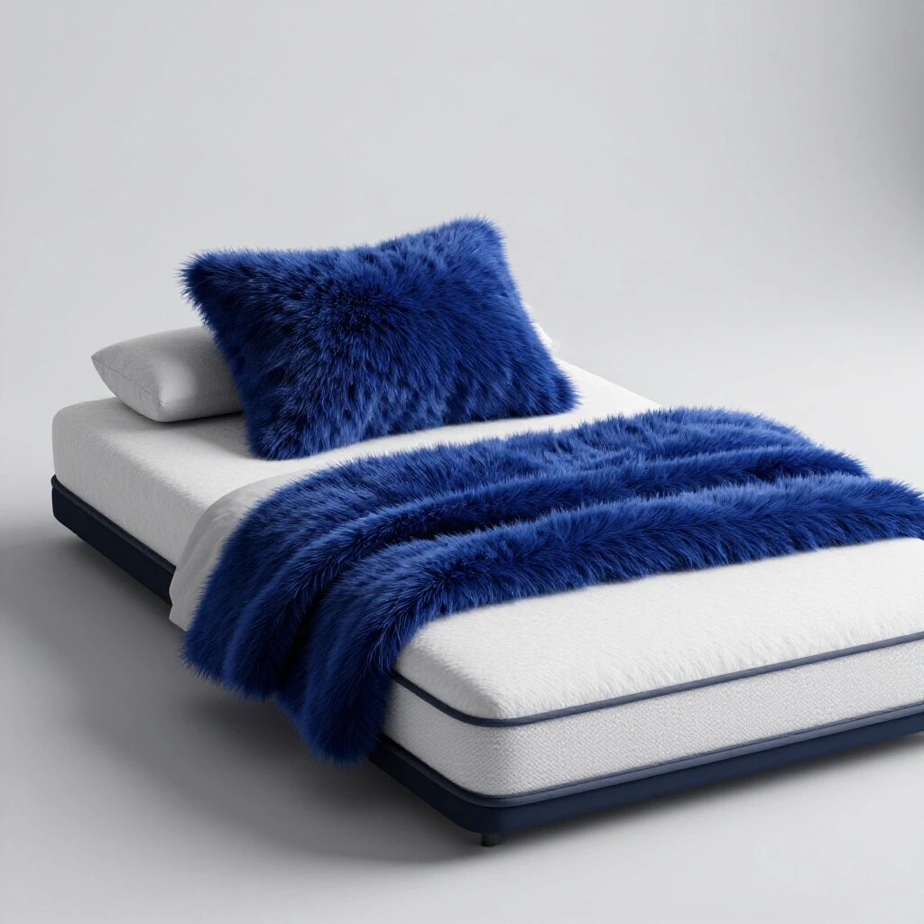 A cozy low-profile mattress with plush bedding and a fluffy pillow against a luminous light grey background.