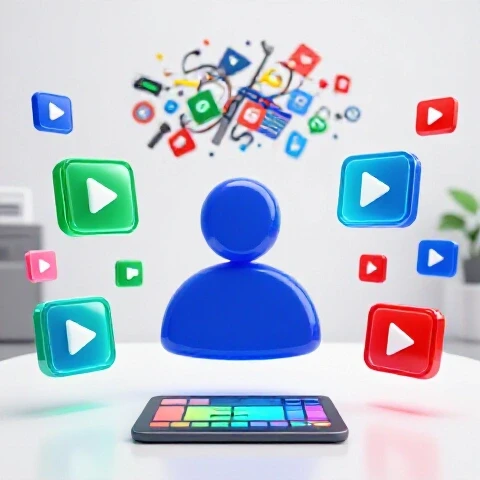 Central tidy workspace with glowing video icons floating around, contrasted by a distant chaotic task cloud in a bright studio setting.