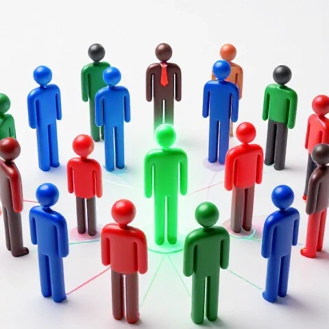 Vibrant abstract figures with glowing auras among an interconnected crowd on a bright white background