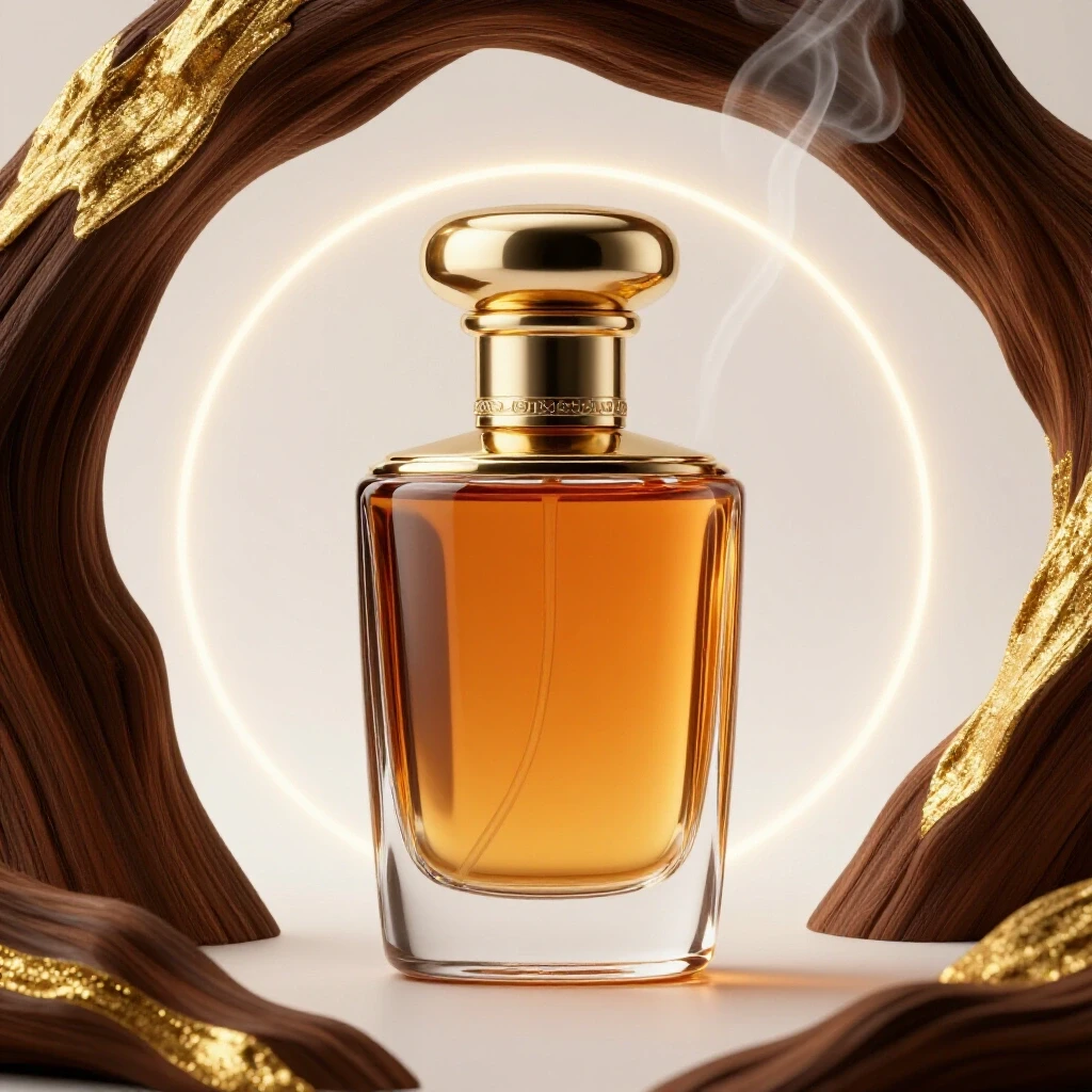 Luxurious ornate oud concentrate bottle surrounded by warm light and rich textured elements.