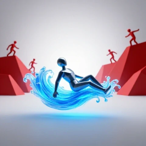 A sleek metallic avatar rides a glowing blue energy wave as abstract figures struggle uphill in the distance.