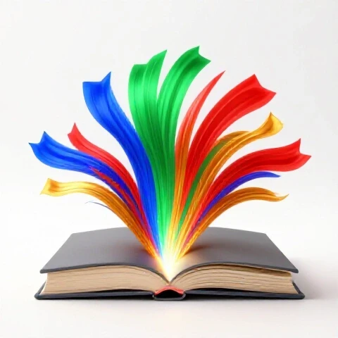 A plain gray book with vivid, dynamic streams of color and light bursting out from it on a bright white background.