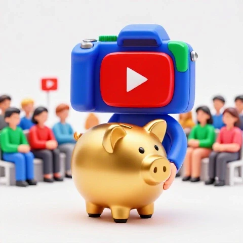 Confident figure holds a golden piggy bank beside a camera and red YouTube play button, engaging small audience.
